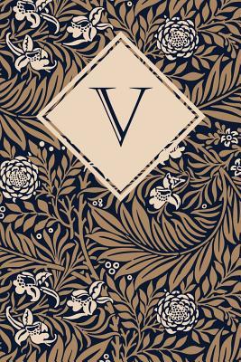 e4163] ~D.o.w.n.l.o.a.d~ V: Monogrammed Blank Lined Journal: Beautiful and Classic: Ornate Navy, Brown and Cream Floral Pattern Design - Vintage Lettering Stationery %PDF*